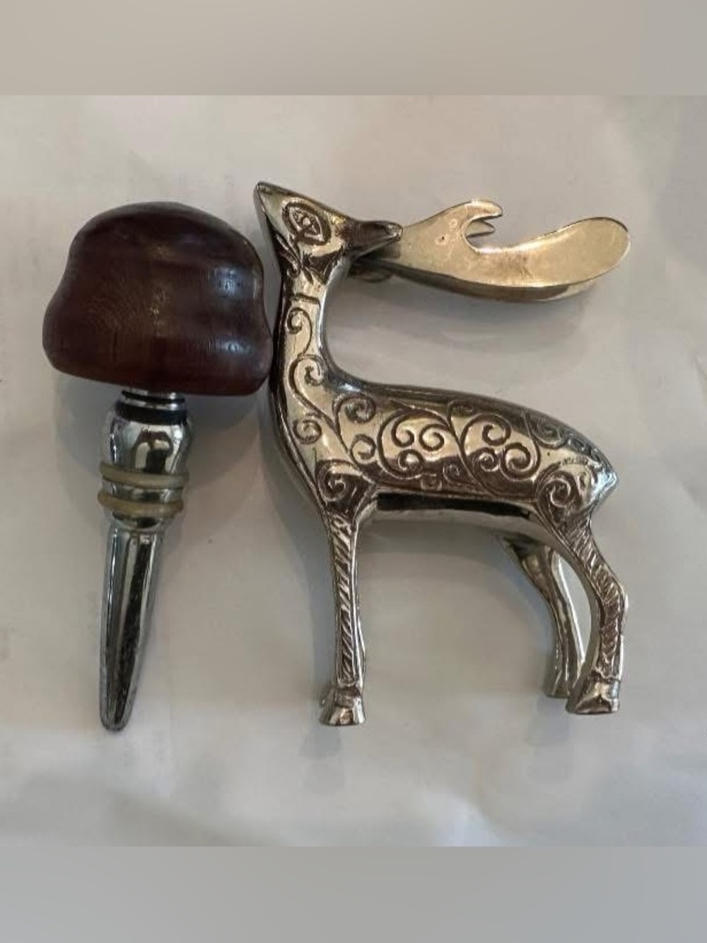Antique-Style Silver Reindeer Bottle Opener & Wood-Topped Wine Stopper
